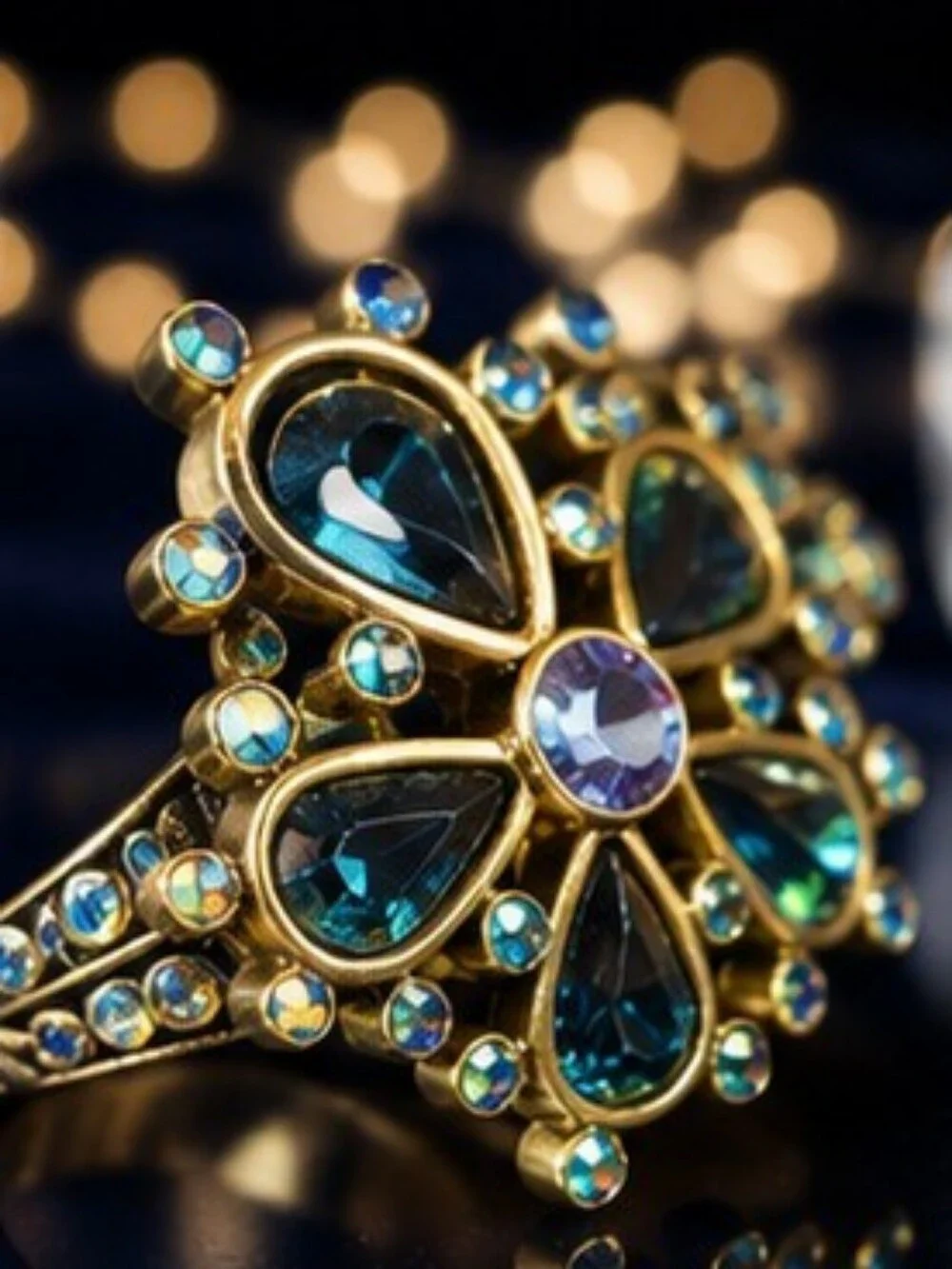 Heidi Daus Floral Crystal Statement Ring Size 9 Blue AB Rhinestone Gold Tone NOS